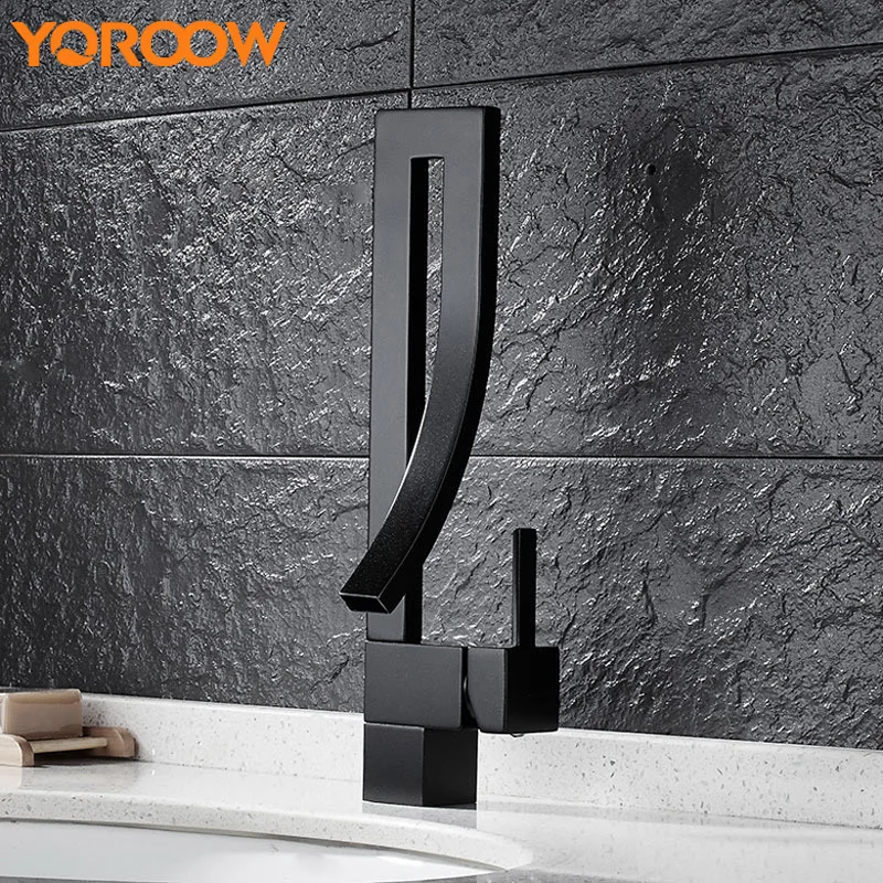 

High Single Hole Kitchen Faucets Mixer Bath Taps Thermostat Sink Waterfall-faucet Stainless Steel Black Bathroom Solid AWN0012