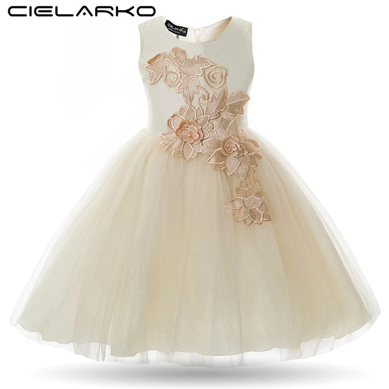 Cielarko/платье для девочек; Платья с цветочным рисунком для дня рождения; сетчатые Детские платья с аппликацией на свадьбу; Детские вечерние бальные платья для девочек