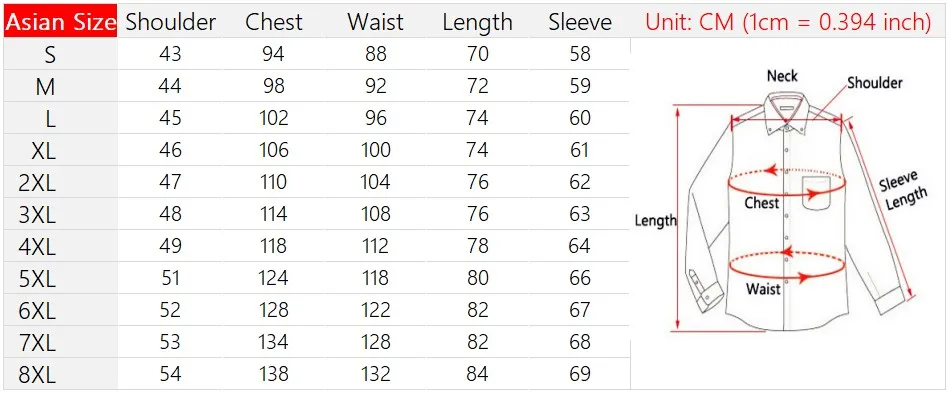 Mens Business Shirt Size Chart