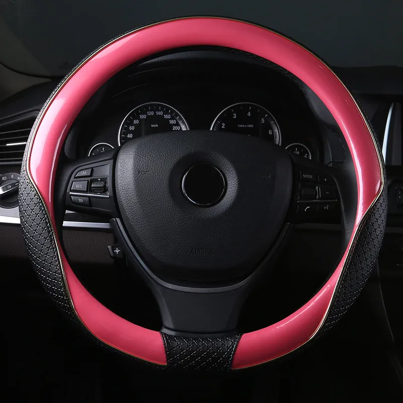Для мужчин и женщин кожаный чехол для рулевого колеса автомобиля Противоскользящий автомобильный чехол для руля Toyota Corolla Хонда Хендай BMW ford mazda - Название цвета: Розовый
