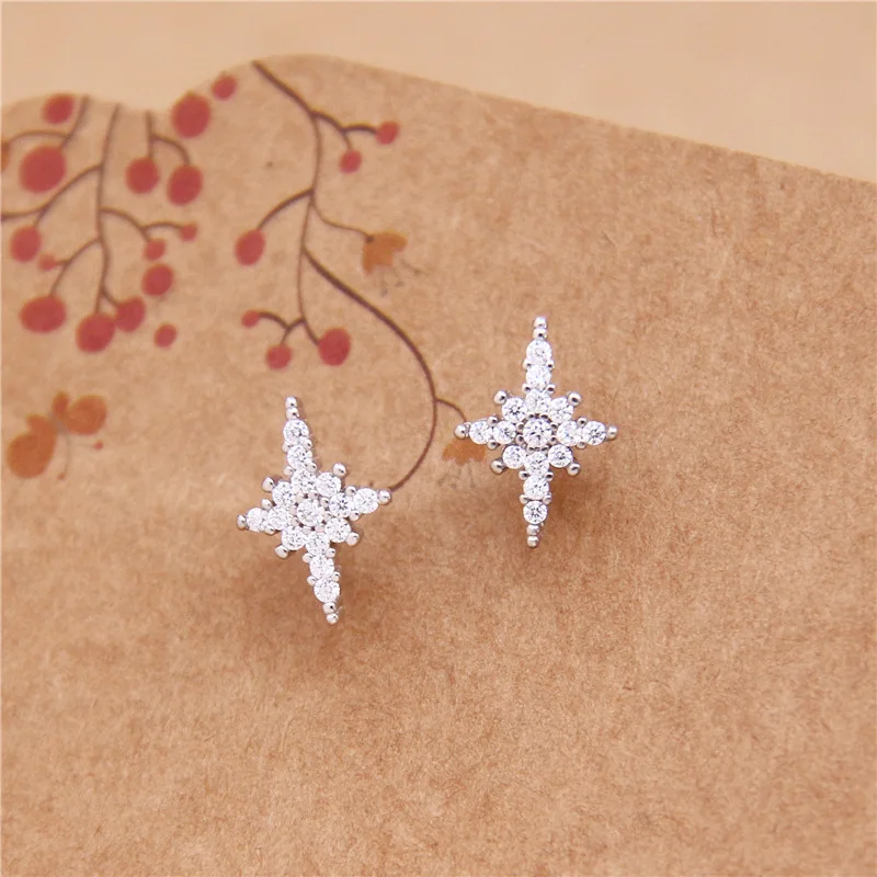 

Real Silver Cubic Zirconia Snowflake Flower Stud Earrings For Women 925 Sterling Silver Rice Word Earings Women Jewelry