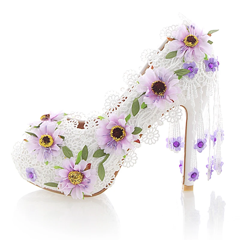 White Lace Flower High Heel Wedding Shoes Fashion Beautiful Women Party Prom Shoes Peep Toe Summer