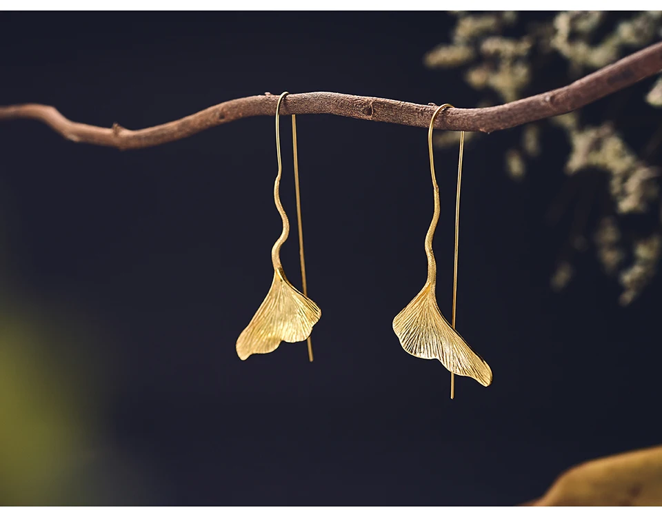 Muduh Collection Real 925 Sterling Silver Earrings Designer Fine Jewelry Vintage Gold Color Ginkgo Leaf Drop Earrings for Women Brincos