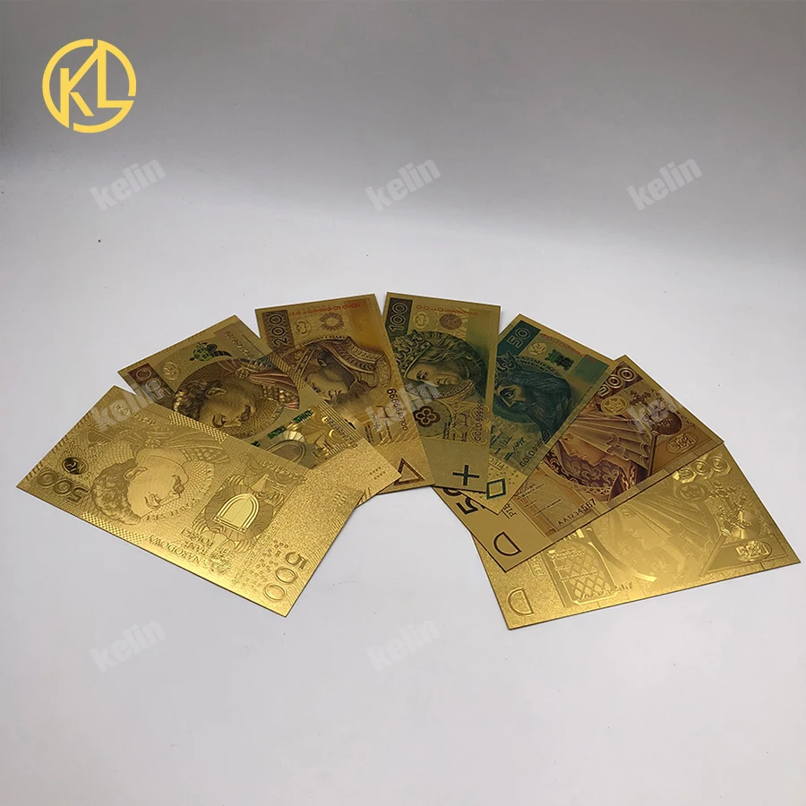 

HOT 4 6 7 8 9 11pcs/lot Colored Gold Foil Polish Banknote Set 50 100 200 500 PLN for partriotism crafts collection