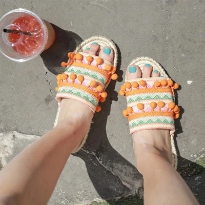 

Ethnic designer open toe flat slides women summer cool mixed colors sandals pompom fisherman shoes ladies flip flops mujer