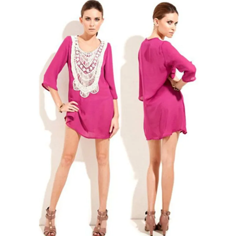 White Flower Lace Neckline Pink Chiffon Beach Shirt Cover Up Beach Dress Long Sleeves Beachwear L38202