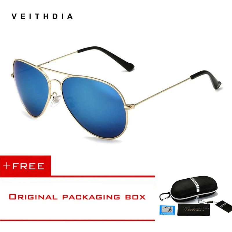 VEITHDIA, модные авиационные солнцезащитные очки, поляризационные солнцезащитные очки для мужчин/женщин, цветные линзы с отражающим покрытием, солнцезащитные очки для вождения - Цвет линз: Gold Blue
