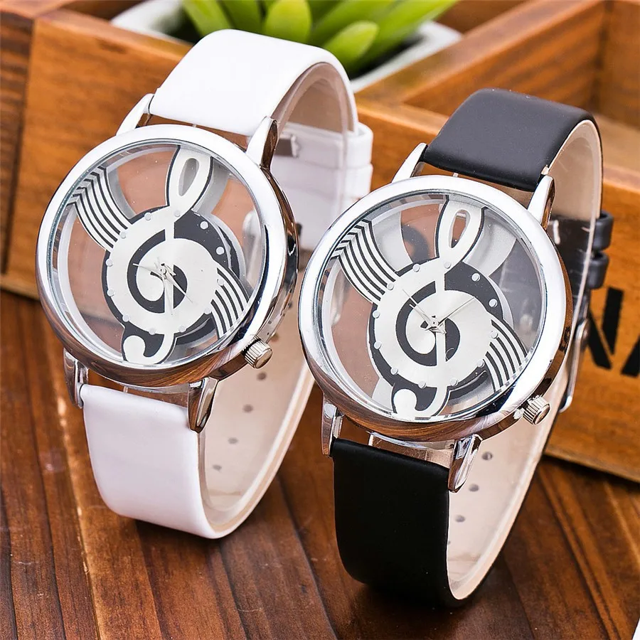 

Runer Unique design Quartz Analog Hollow Musical Note Style Leather Watch Ladies Gfit clock Relojes hombre 2017 free shipping
