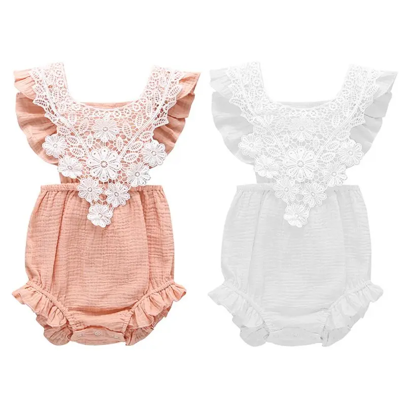 

New Baby Infant Jumpsuit Sleeveless Lace Romper Summer Solid Color Openwork Flowers Style Coverall Crawling Clothing