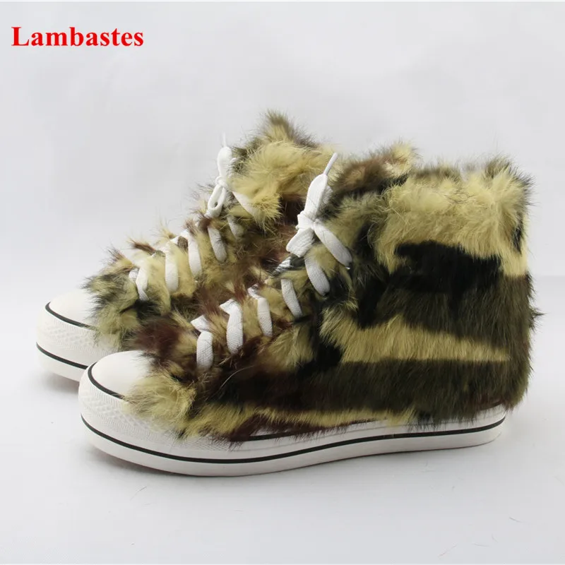 

Camouflage Mixed Color Hairy Warm Lace Up Reound Toe Women Boots Cross-Tied Ankle High Height Increasing Boots Chaussures Femmes