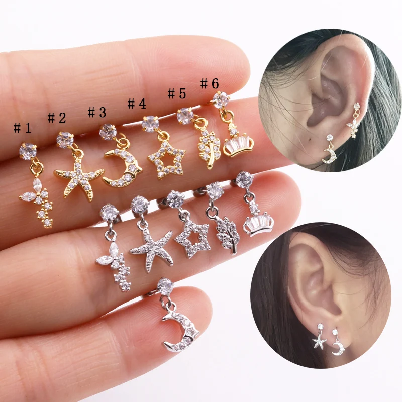 

Sellsets 1piece 20g Barbell Sparkling CZ Leaf Star Butterfly Dangle Ear Tragus Helix Cartilage Rook Piercing Daith Earring