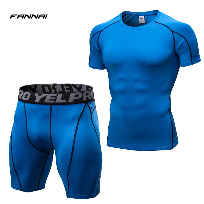 Компрессионная Мужская облегающая Спортивная одежда для фитнеса и бега, быстросохнущая футболка с коротким рукавом+ шорты
