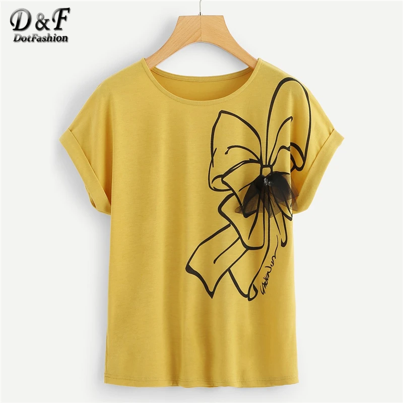 

Dotfashion Orange Cartoon Contrast Mesh Pearl Printed Tee Women 2019 Casual Summer Cap Sleeve Tops Korean Style Clothes T-Shirt