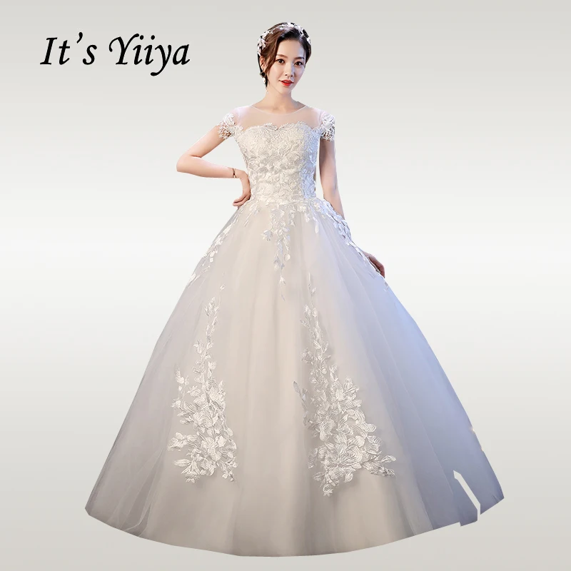 

It's YiiYa Wedding Dress O-neck Sleeve Lace White Wedding Dresses Floor Length Plus Size Elegant Vestido de novia XXN232