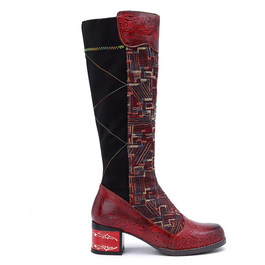 Handmade Genuine Leather Knee High Boots Women Shoes Vintage Patchwork Lady Embroider Shoes Zipper Heels Spring Autumn Boots New (13)
