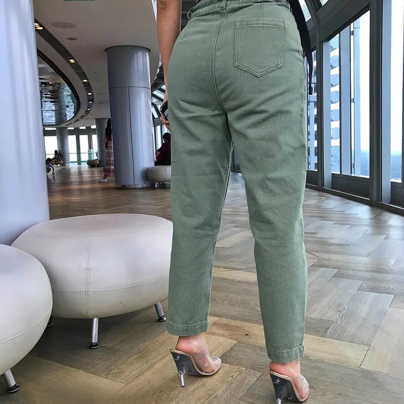 Уличный стиль Высокая талия вымытая Высокая талия Саржевые армейские зеленые джинсовые брюки