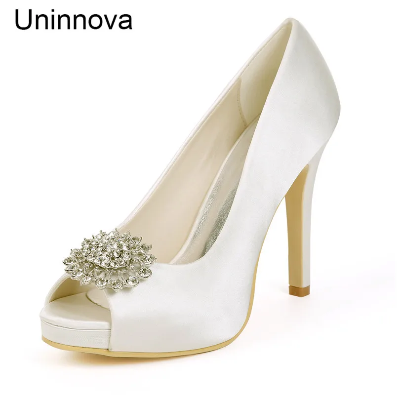 

Platform Bridal Bridesmaid Wedding Pumps Crystal Satin Ivory White Satin Peep Toe Stilletos Elegant Shoes Uninnova 6041-02M