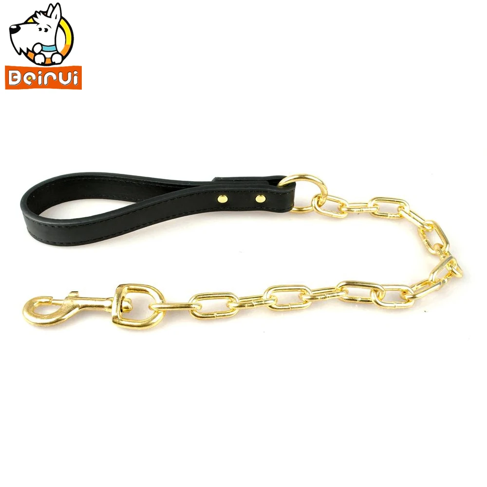

Dog Pet Training Leashes Leads Golden Chrome Chain With Leather Handle