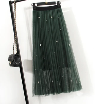 

2018 Spring Summer Pleated Mesh Skirts New Beading Long Skirts Elastic High Waist Skirts Women Loose Big Swing Skirts RE0527
