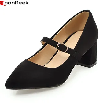 

MoonMeek 2020 black pink grey color pumps women shoes high heels pointed toe with buckle square heel flock female shoes