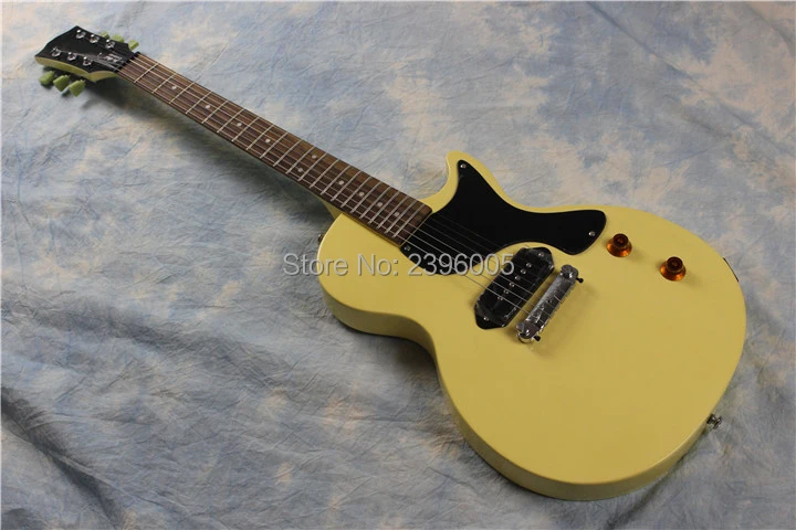 

Hot sale cream yellow studio electric guitar,green headstock tuner keys,Chinese guitar
