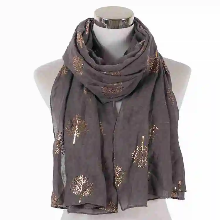 Модная Серебряная шаль из фольги с принтом белого и розового дерева, женский шарф, женские шарфы, пашмины, палантин, мусульманский хиджаб - Цвет: Коричневый