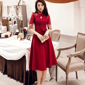 

Qipao Bridesmaid Dresses 2019 Gown Fiesta Chinese Style Dress Midi Long Cheongsam Soiree Femme Dress For Wedding 2019 TS1284