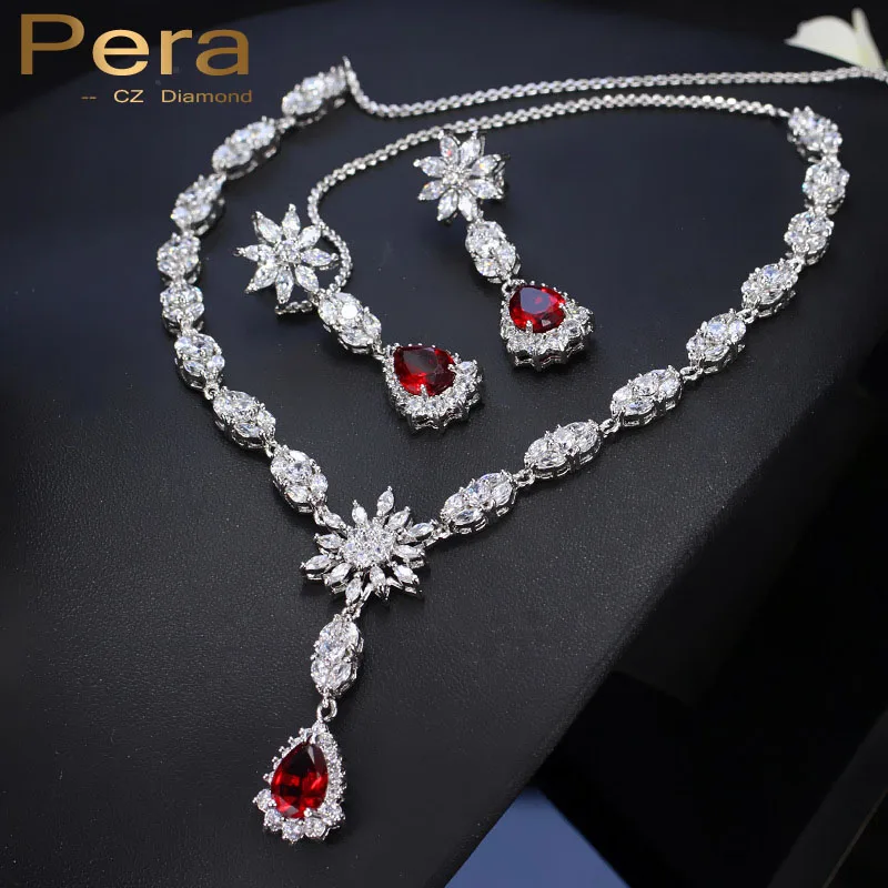 

Pera CZ Sparkling Silver Color Red Long Water Drop Cubic Zirconia Stone Luxury Big Bridal Wedding Jewelry Sets For Brldes J155