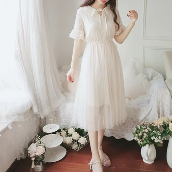 

Summer Teens Girls Student Korean Lace Sweet Fresh Retro Dress Short Sleeve Cut Kawaii Dress Party Dresses