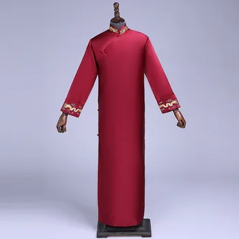 

Burgundy Best Man Chinese Long Dress Wedding Cheongsam Vintage Oriental Bridegroom Dresses Evening Gowns Men Size S M L XL XXL