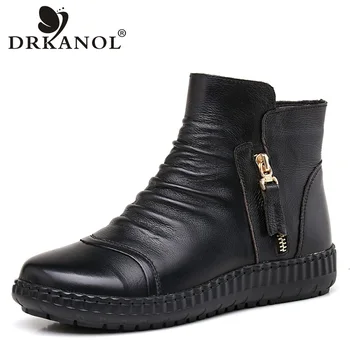 

DRKANOL New Arrival Natural Genuine Cow Leather Flat Boots Women Snow Boots Autumn Winter Plush Warm Ankle Boots Botas Mujer