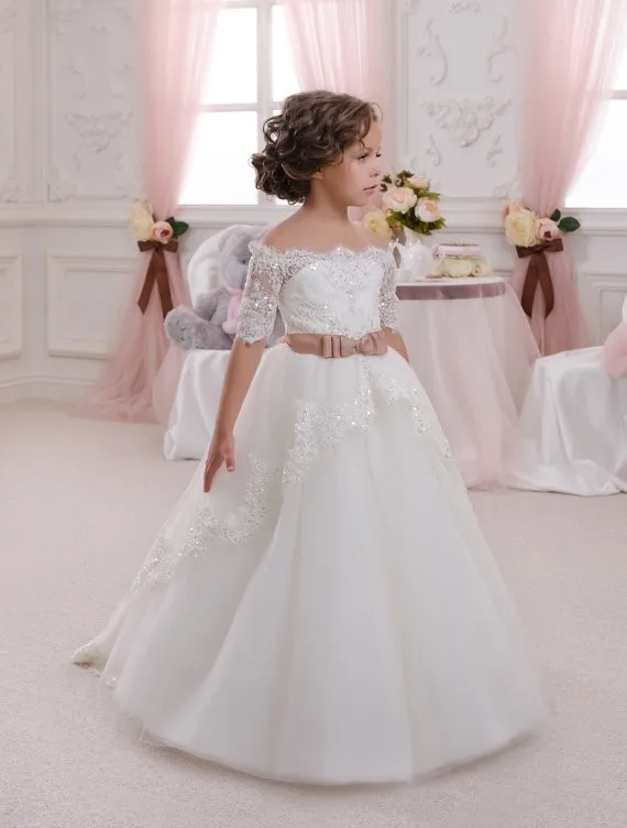 Flower Girl Dresses Vintage Jewel Sash Lace Net Girl Birthday Party Princess Dresses Children Girl Long Mother Daughter Dresses Flower Girl Dresses Vintage Jewel Sash Lace Net Girl Birthday Party Princess Dresses Children Girl Long Mother Daughter Dresses