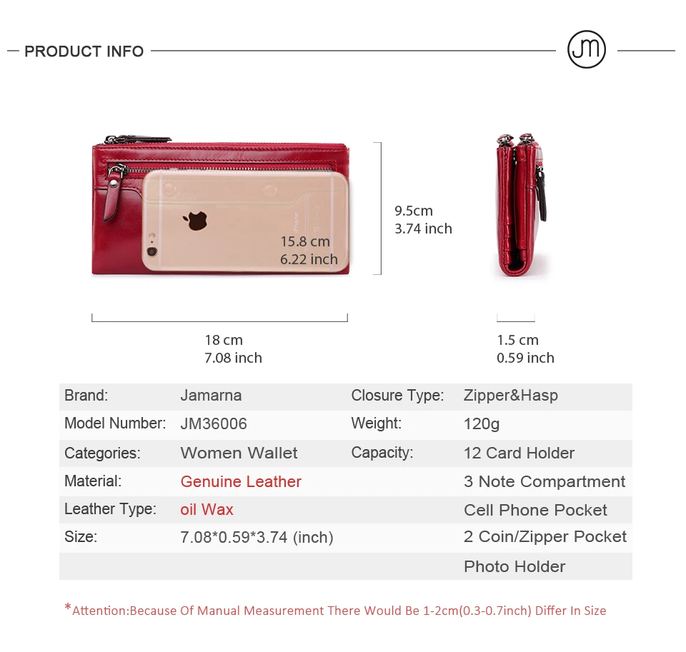 Jamarna Women Wallets Wallet Female Leather Natural Double Zipper Wallet Women Red Coin Purse Card Holder Oil Wax               1_04