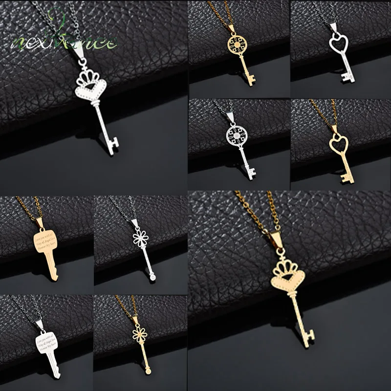 

Nextvance Trendy Stainless Steel Hollow Key Pendant Necklace For Women Gold Lucky Crown Heart Neckalce Valentine's Day Gift