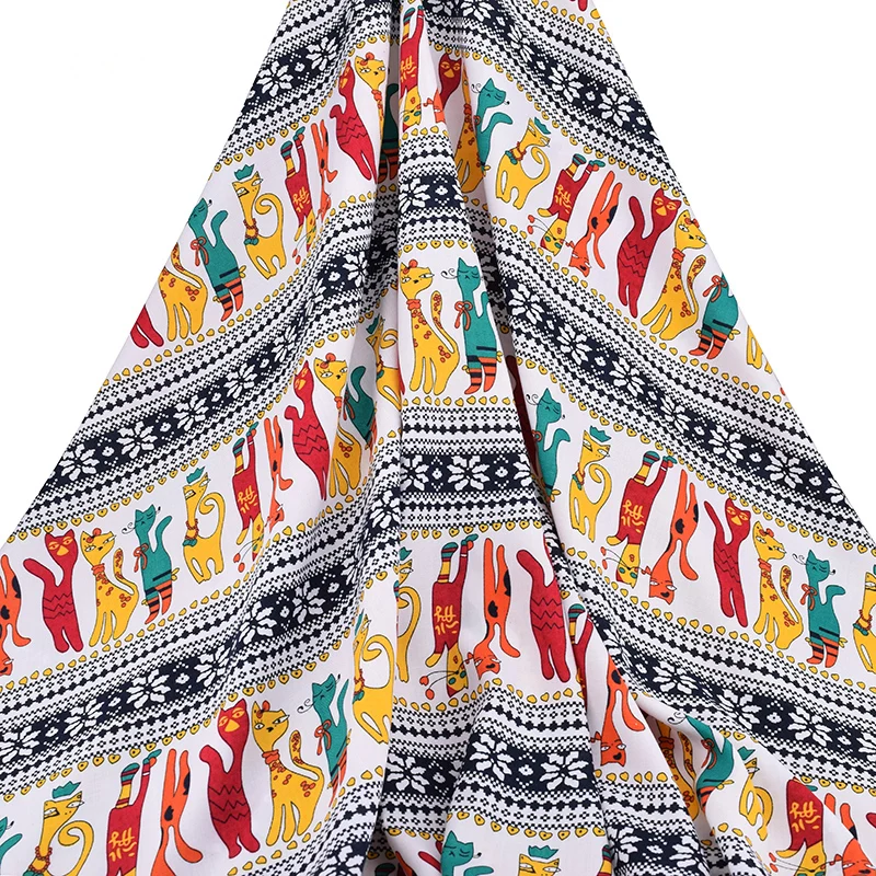 

MoTiRo,Half Meter,Cartoon Cat Series,Printed Stretch Poplin Plain Cotton Fabric For DIY Quilt Sewing Dress Shirt Skirt Material