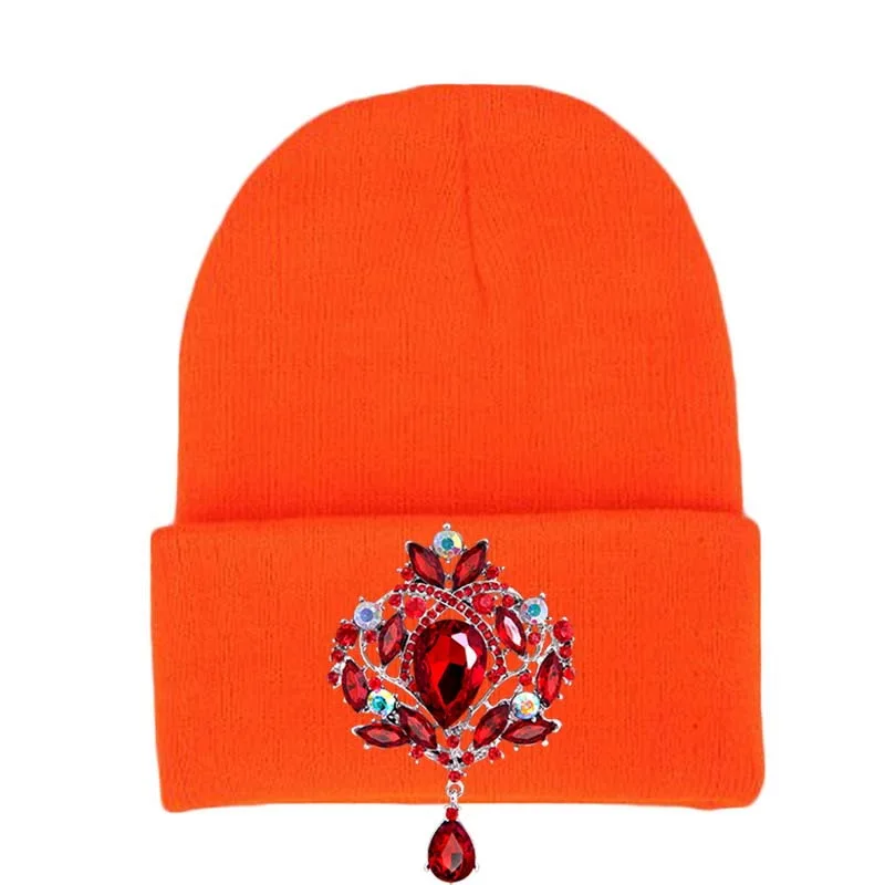 Новые зимние вязаные Для женщин Шапки Skullies шапочки шапки роскошный хрусталь украшения Головные Уборы Женские капор Осень chapeu feminino - Цвет: orange