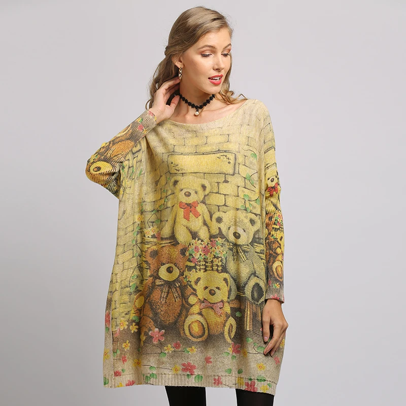 XIKOI New Woman Sweater Oversize Long Batwing Sleeve Pullovers O-Neck Knitted Fashion Casual Regular Bear Print Clothes XIKOI New Woman Sweater Oversize Long Batwing Sleeve Pullovers O-Neck Knitted Fashion Casual Regular Bear Print Clothes