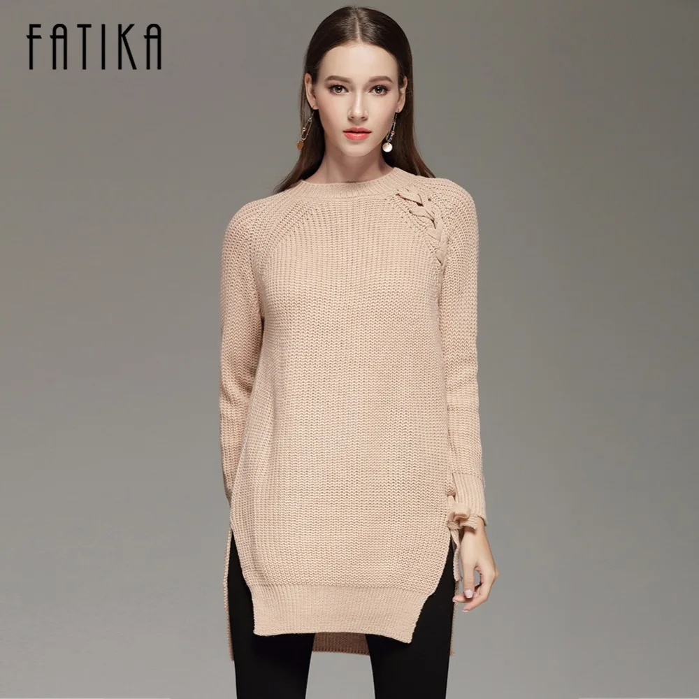 FATIKA 2017 Autumn Winter Women s Fashion Lace Up Sweater Dress Loose Casual O Neck Knitted