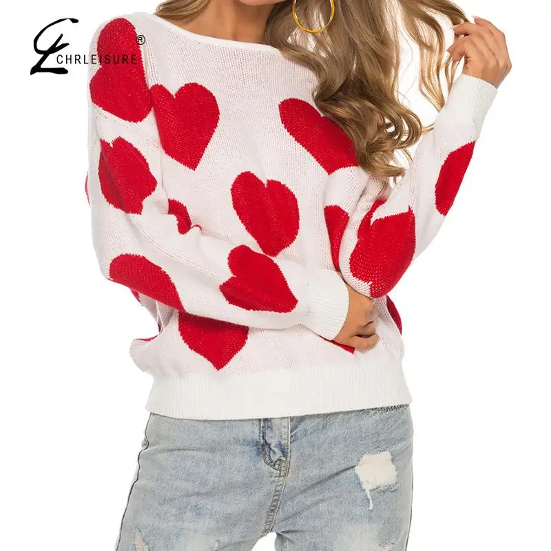 

CHRLEISURE Sexy Ladies Sweater Loose Round Neck Long Sleeve Irregular Sweater Heart Shaped Decorative Halter Sweater