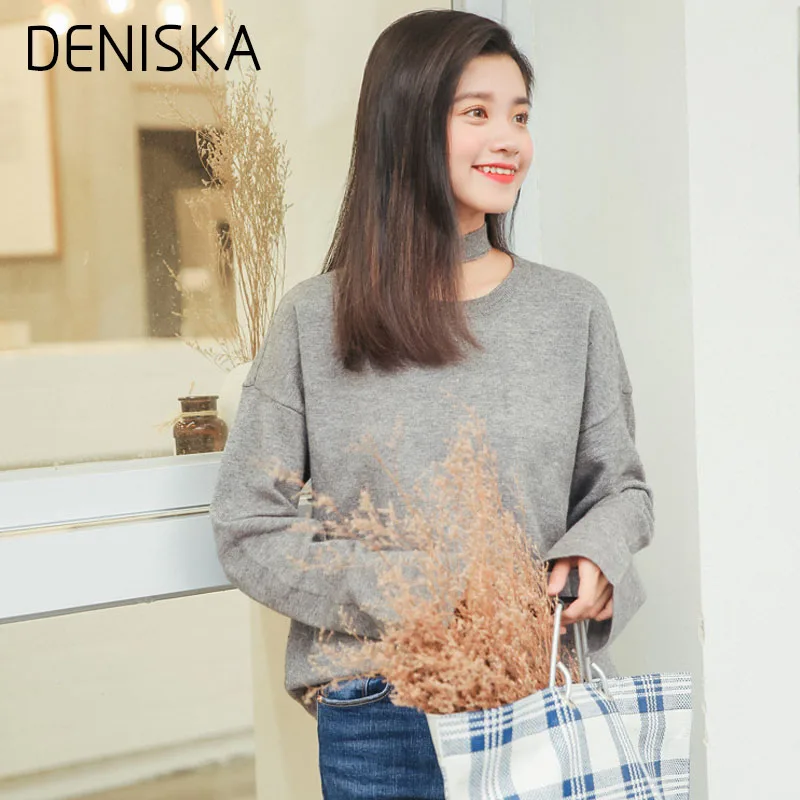DENISKA Майка Женщины 2018 Повседневная С Длинным Рукавом Холтер Щелевая Футболка