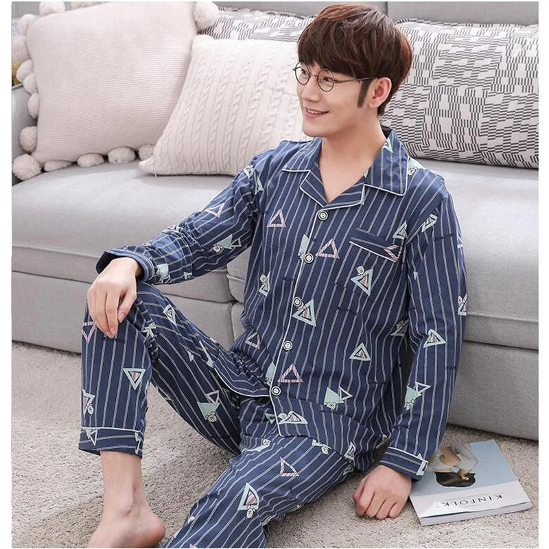 Men Striped Print Pajamas Spring Autumn Winter Cotton Pajamas Set Long