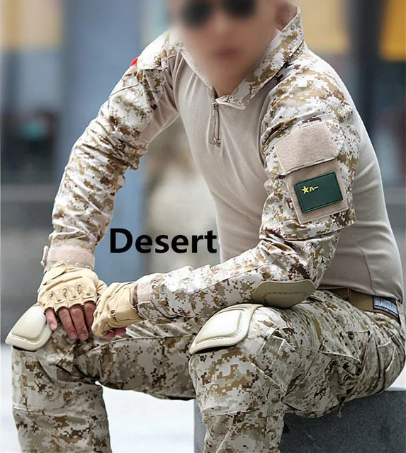 С налокотниками, наколенники, камуфляжные, военные, тактические, Униформа, костюмы, для охоты, тренировок, кемпинга, боевых рубашек, штанов, комплекты одежды - Цвет: desert