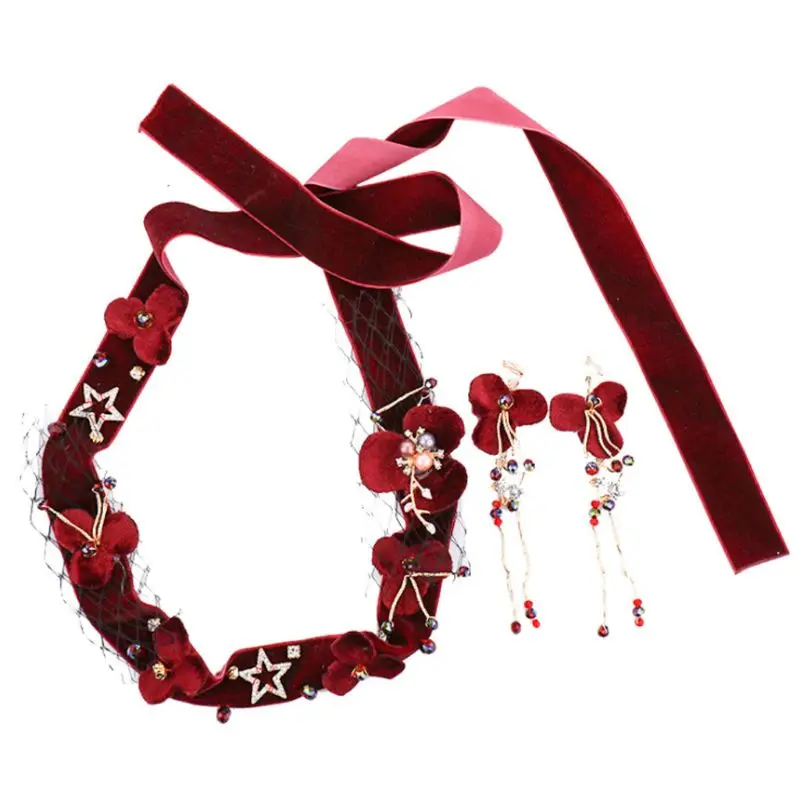 

1 Set Headband Earrings Bride Headwear Wedding Chinese Vintage Floral Hair Band Exquisite Jewelry Sets Christmas Gifts