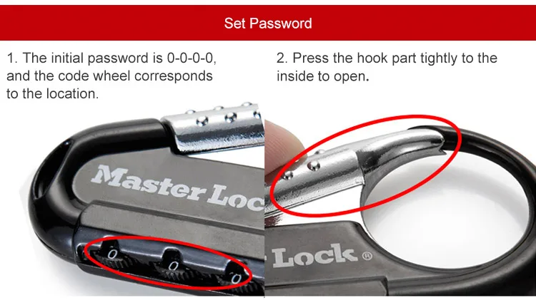 Master Lock Password Lock Padlock Outdoor Mountaineering Hook Lock Zinc alloy 3-digit code Locks for Luggage Bag Backpack  (5)