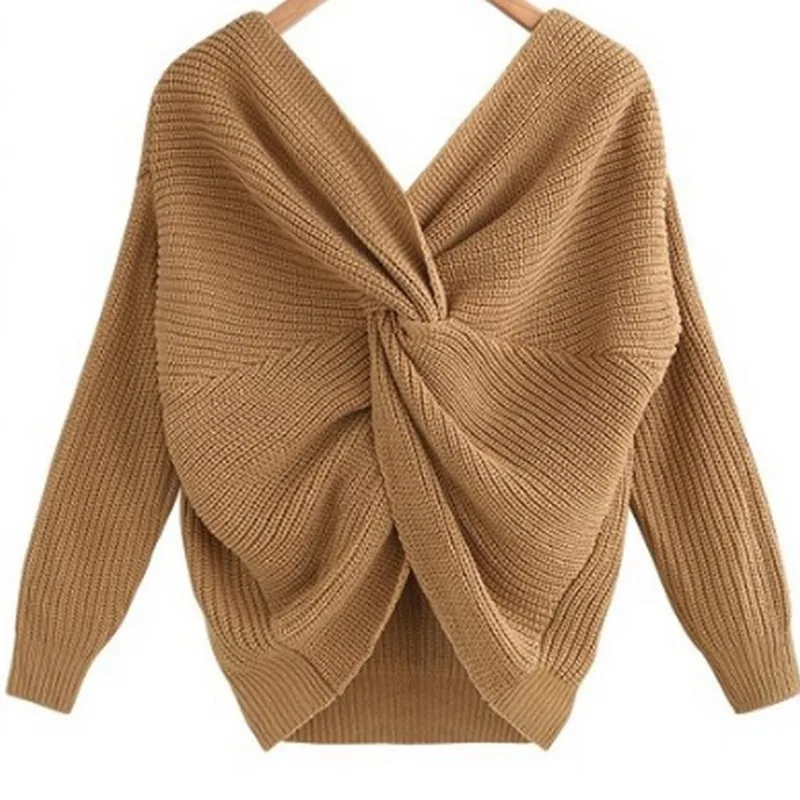 

Fashion Solid Color V-neck Open Back Women's Sweater Irregular Cross Knotting Sweater Woman Winter 2019 Office Ladies Sweater
