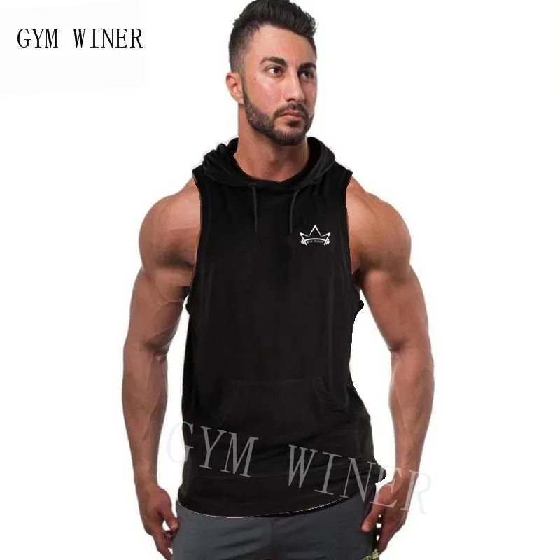 

2019 Cotton Tank Top New Gyms Men Hooded Sleeveless Shirt Street Workout Fitness Tanktop Hoodie Bodybuilding Clothes