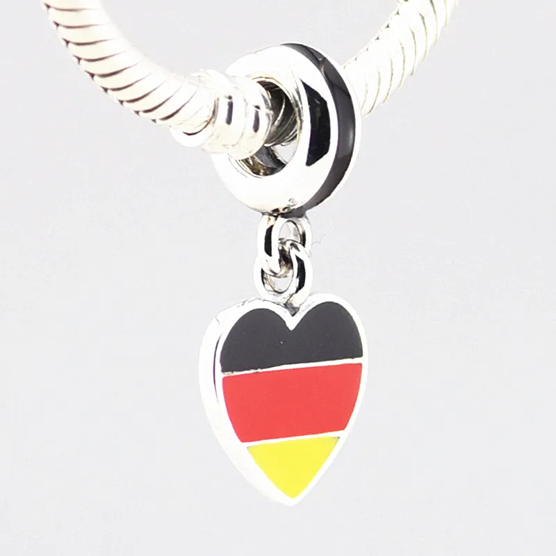 Германия Сердце Флаг талисманы 925 пробы 100% серебро Смешанная эмаль мотаться Шарм бусины для изготовления ювелирных изделий Fit Браслеты Diy
