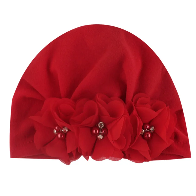 Цветочная детская шапка с бисером детская шапочка детская шапка для девочек тюрбан для малышей шляпа для фотографирования новорожденных реквизит Аксессуары для младенцев - Цвет: Red with flower