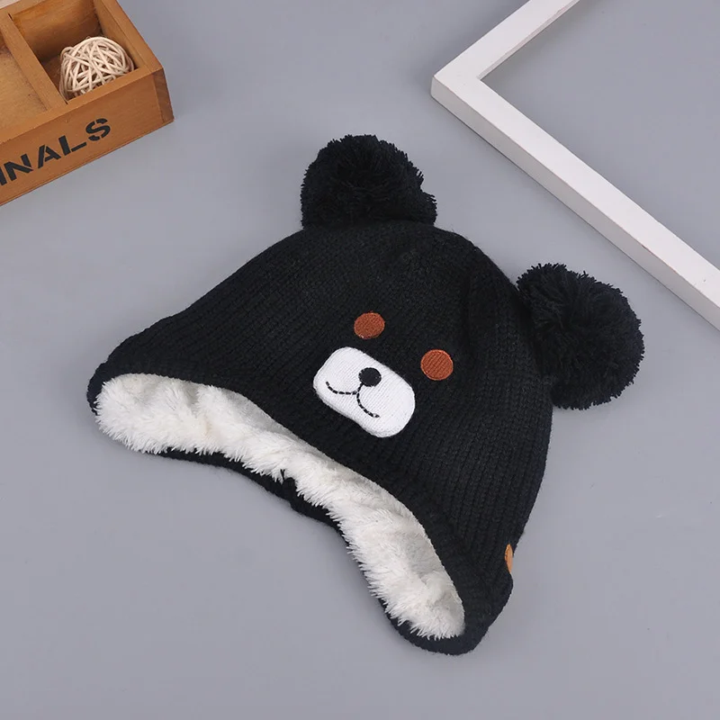 Soft Warm Bear Beanie Hat For Baby Boys Girls Cute Cartoon Kids Hat With Pompom Knitted Double Layer Velvet Winter Baby Hat New  (8)
