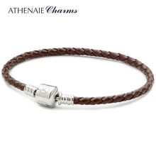 ATHENAIE коричневый плетеный кожаный 925 пробы серебряный браслет с застежкой подходит для всех европейских шармов